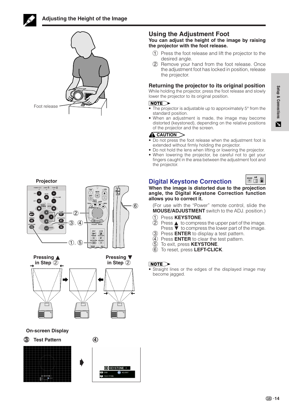 Using the adjustment foot, Digital keystone correction, Adjusting the height of the image | Returning the projector to its original position | Sharp XG-NV51XE User Manual | Page 17 / 55