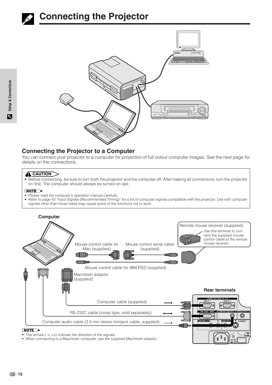 Connecting the projector, Connecting the projector to a computer, Connecting the projector to a computer …… 15 | Sharp XG-NV51XE User Manual | Page 18 / 55
