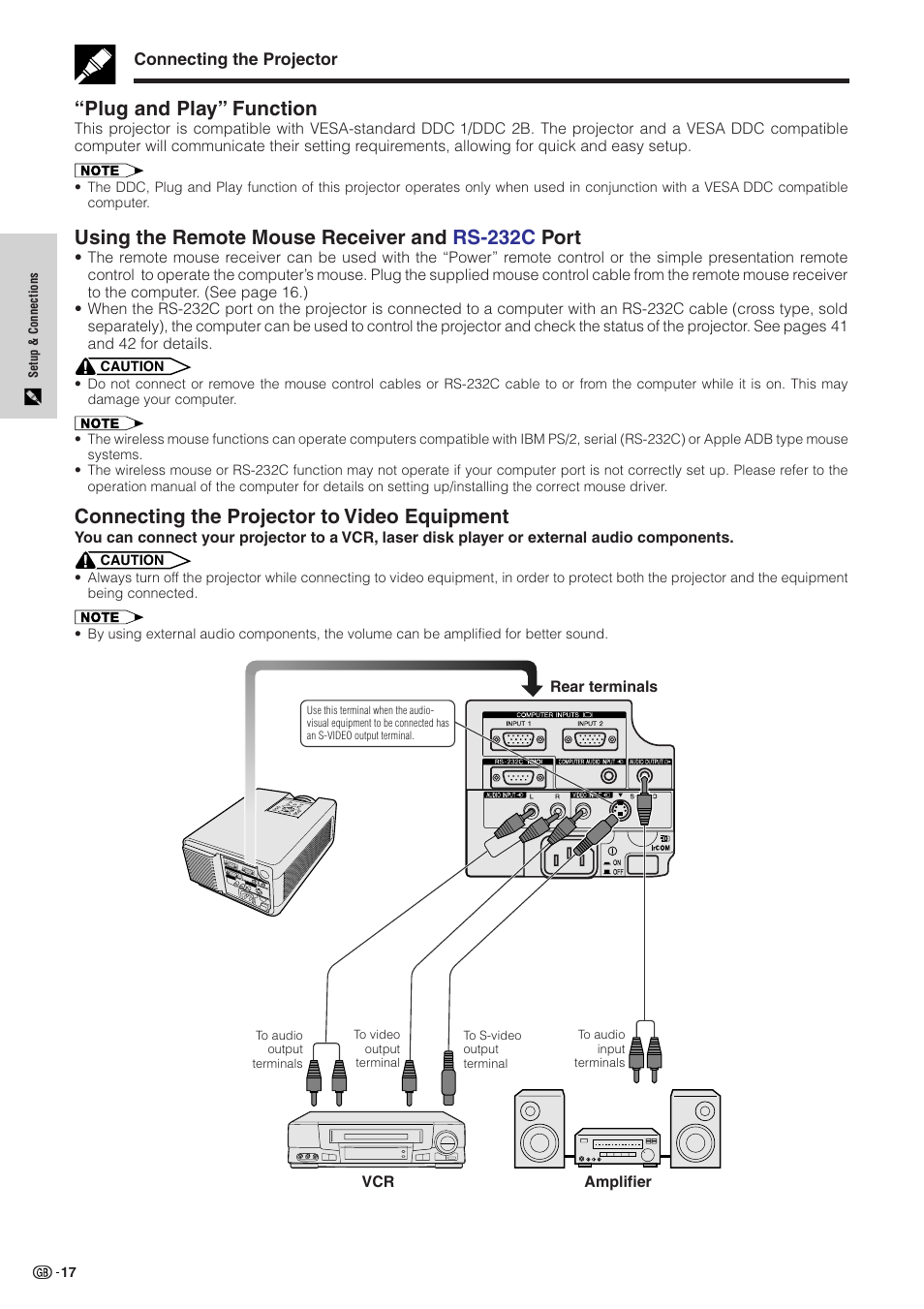 Plug and play" function, Using the remote mouse receiver and rs-232c port, Connecting the projector to video equipment | Rs-232c port ……………………………… 17, Connecting the projector to video, Equipment, Plug and play” function, Using the remote mouse receiver and rs-232c po rt | Sharp XG-NV51XE User Manual | Page 20 / 55