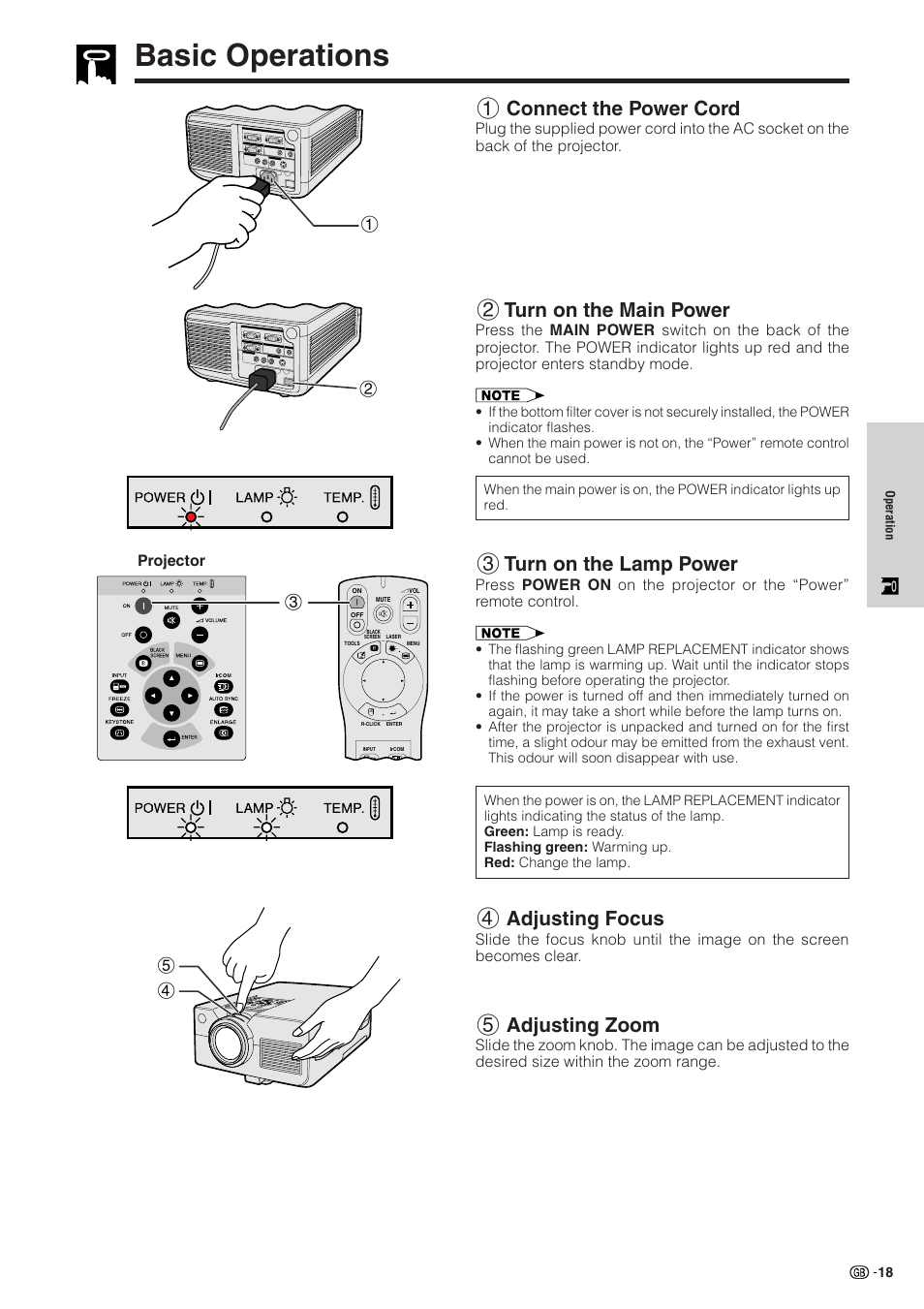 Operation, Basic operations, Connect the power cord | Turn on the main power, Turn on the lamp power, Adjusting focus, Adjusting zoom, Basic operations ………………………………… 18, 1 connect the power cord, 2 turn on the main power | Sharp XG-NV51XE User Manual | Page 21 / 55