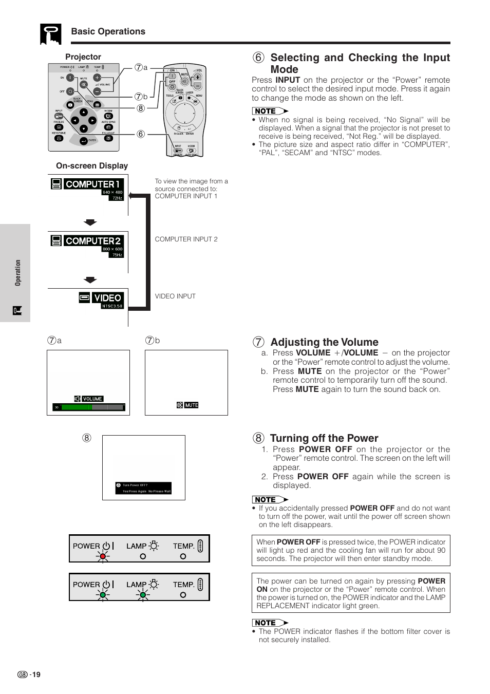 Selecting and checking the input mode, Adjusting the volume, Turning off the power | 7 adjusting the volume, 8 turning off the power, 6 selecting and checking the input mode, Basic operations | Sharp XG-NV51XE User Manual | Page 22 / 55