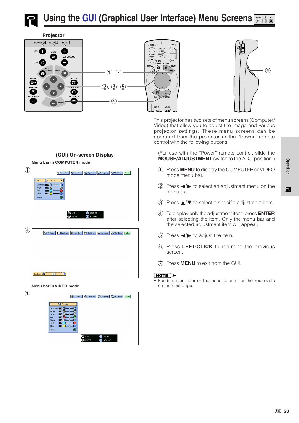 Using the gui (graphical user interface), Menu screens ………………………………… 20 | Sharp XG-NV51XE User Manual | Page 23 / 55