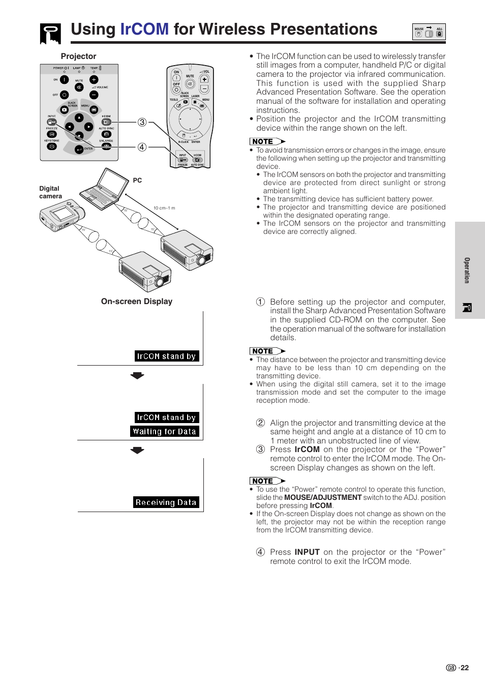 Using ircom for wireless presentations, Using ircom for wireless presentations ……… 22, Using ircom f or wireless presentations | Sharp XG-NV51XE User Manual | Page 25 / 55