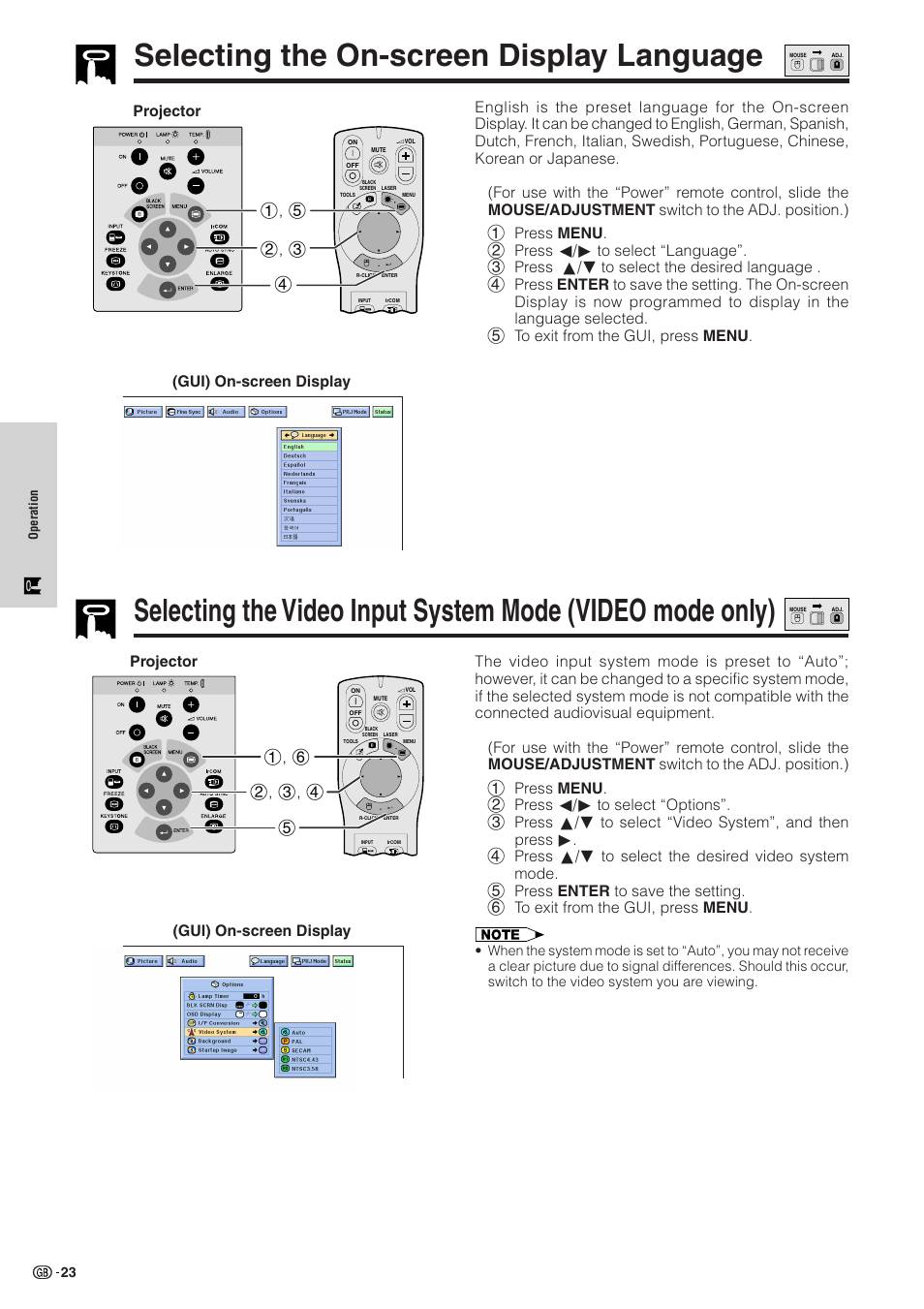 Selecting the on-screen display language, Video mode only) …………………………… 23, Gui) on-screen display | Sharp XG-NV51XE User Manual | Page 26 / 55