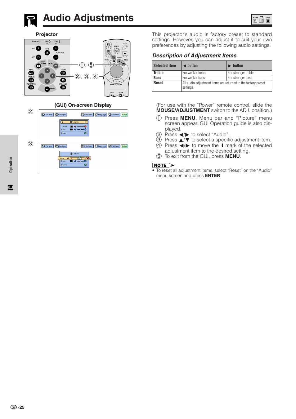 Audio adjustments, Audio adjustments ……………………………… 25, Description of adjustment items | 23 (gui) on-screen display | Sharp XG-NV51XE User Manual | Page 28 / 55