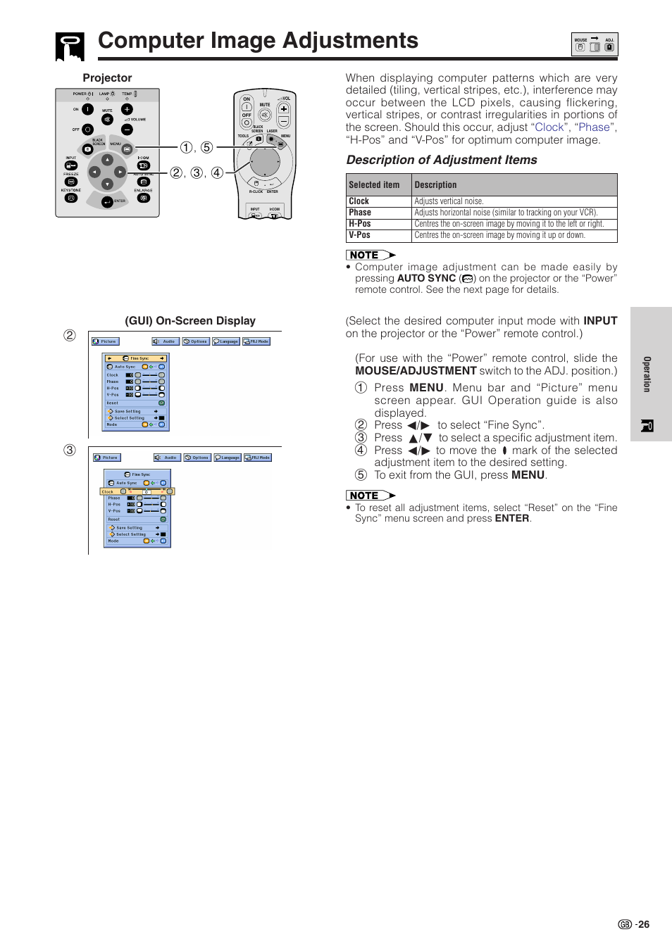 Computer image adjustments, Computer image adjustments ………………… 26, Description of adjustment items | Gui) on-screen display | Sharp XG-NV51XE User Manual | Page 29 / 55