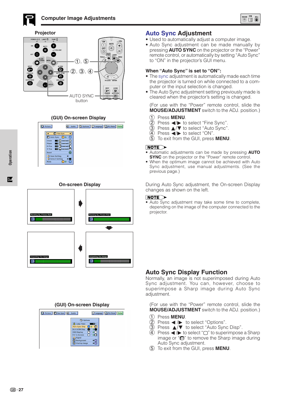 Auto sync adjustment, Auto sync display function, Gs f | Computer image adjustments | Sharp XG-NV51XE User Manual | Page 30 / 55