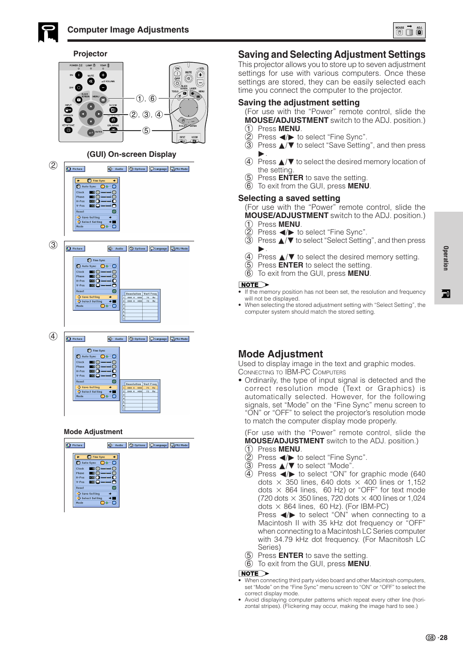 Saving and selecting adjustment settings, Mode adjustment, Saving the adjustment setting | Selecting a saved setting, Computer image adjustments, Gui) on-screen display projector 2 3 4 | Sharp XG-NV51XE User Manual | Page 31 / 55