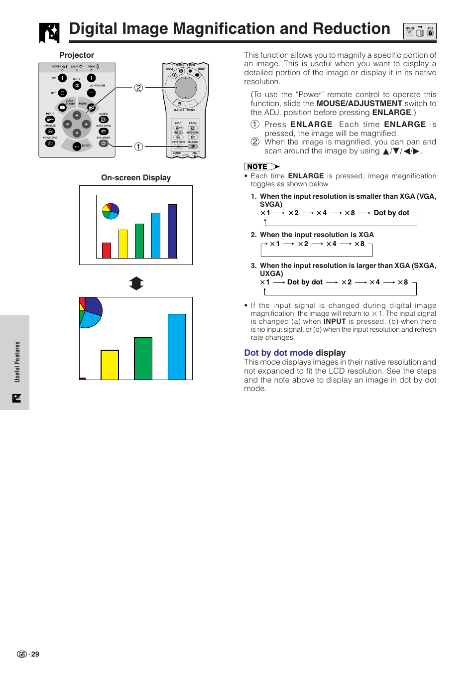 Useful features, Digital image magnification and reduction, Digital image magnification and reduction … 29 | Dot by dot mode displa y, On-screen display | Sharp XG-NV51XE User Manual | Page 32 / 55