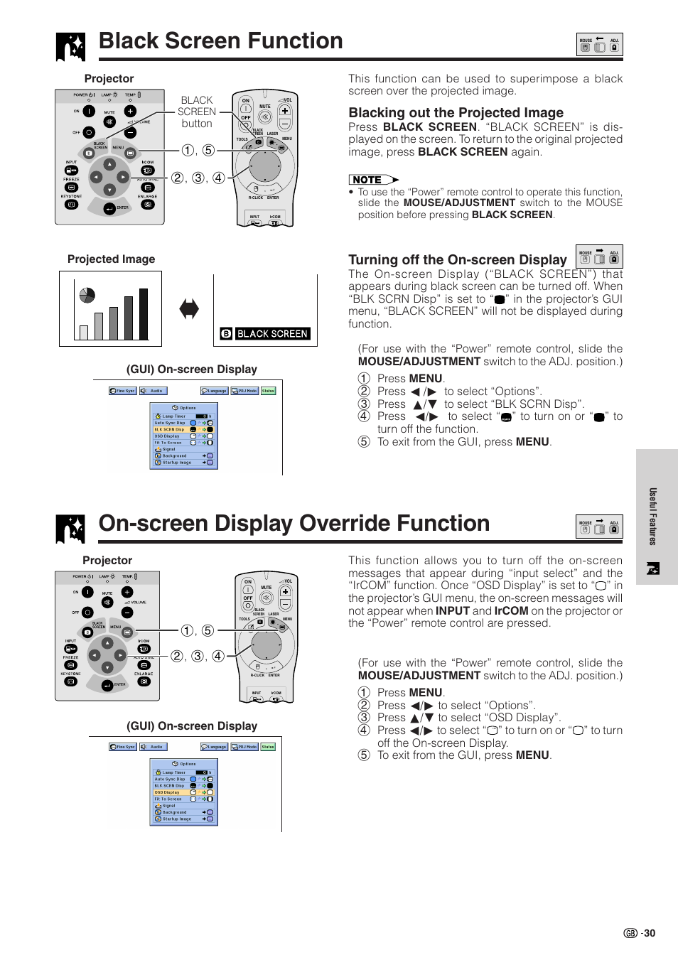 Black screen function, On-screen display override function, Blacking out the projected image | Turning off the on-screen display, Button, Gui) on-screen display, Projected image | Sharp XG-NV51XE User Manual | Page 33 / 55