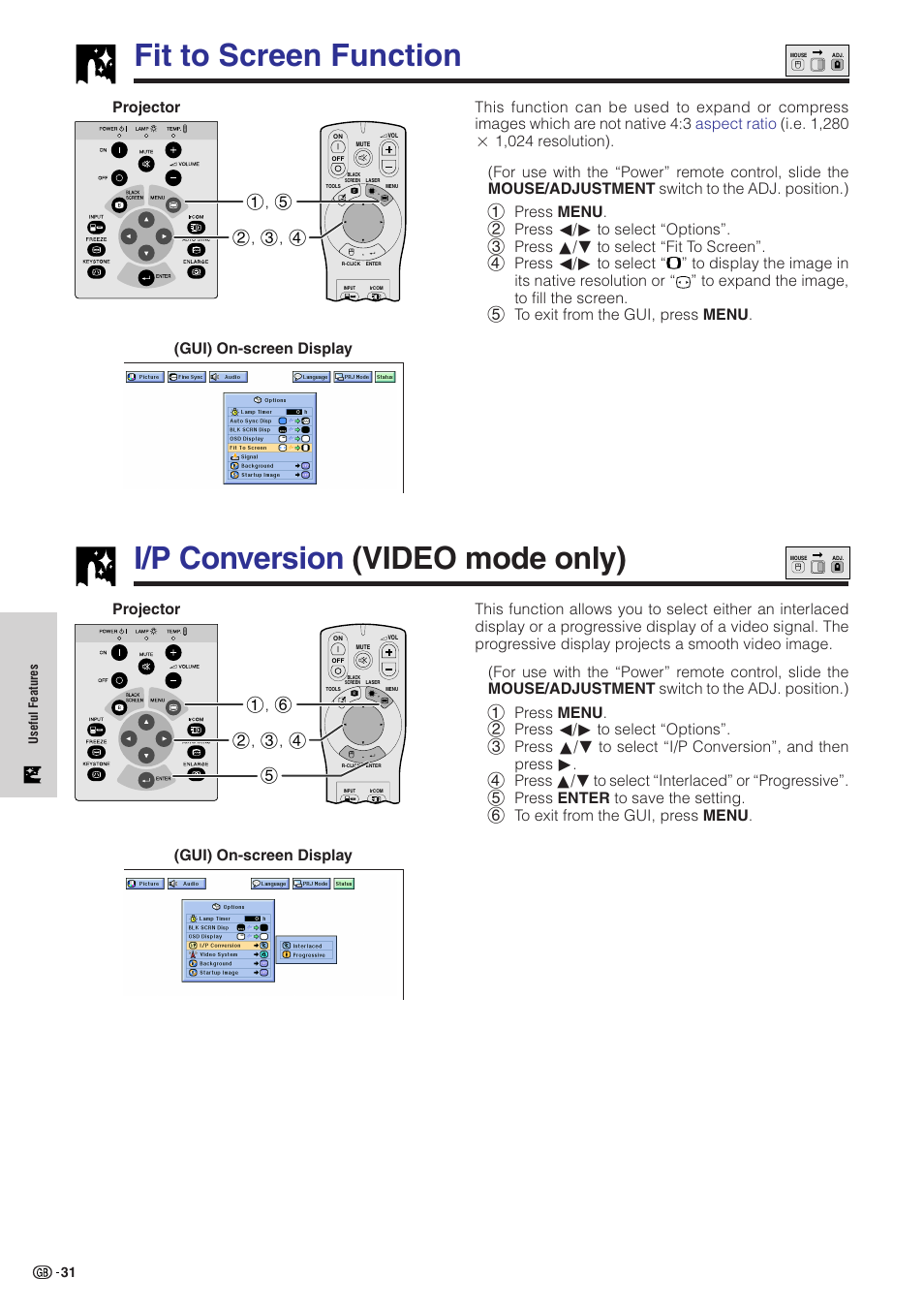 Fit to screen function, I/p conversion (video mode only), I/p conversion (video mode onl y) | Gui) on-screen display | Sharp XG-NV51XE User Manual | Page 34 / 55