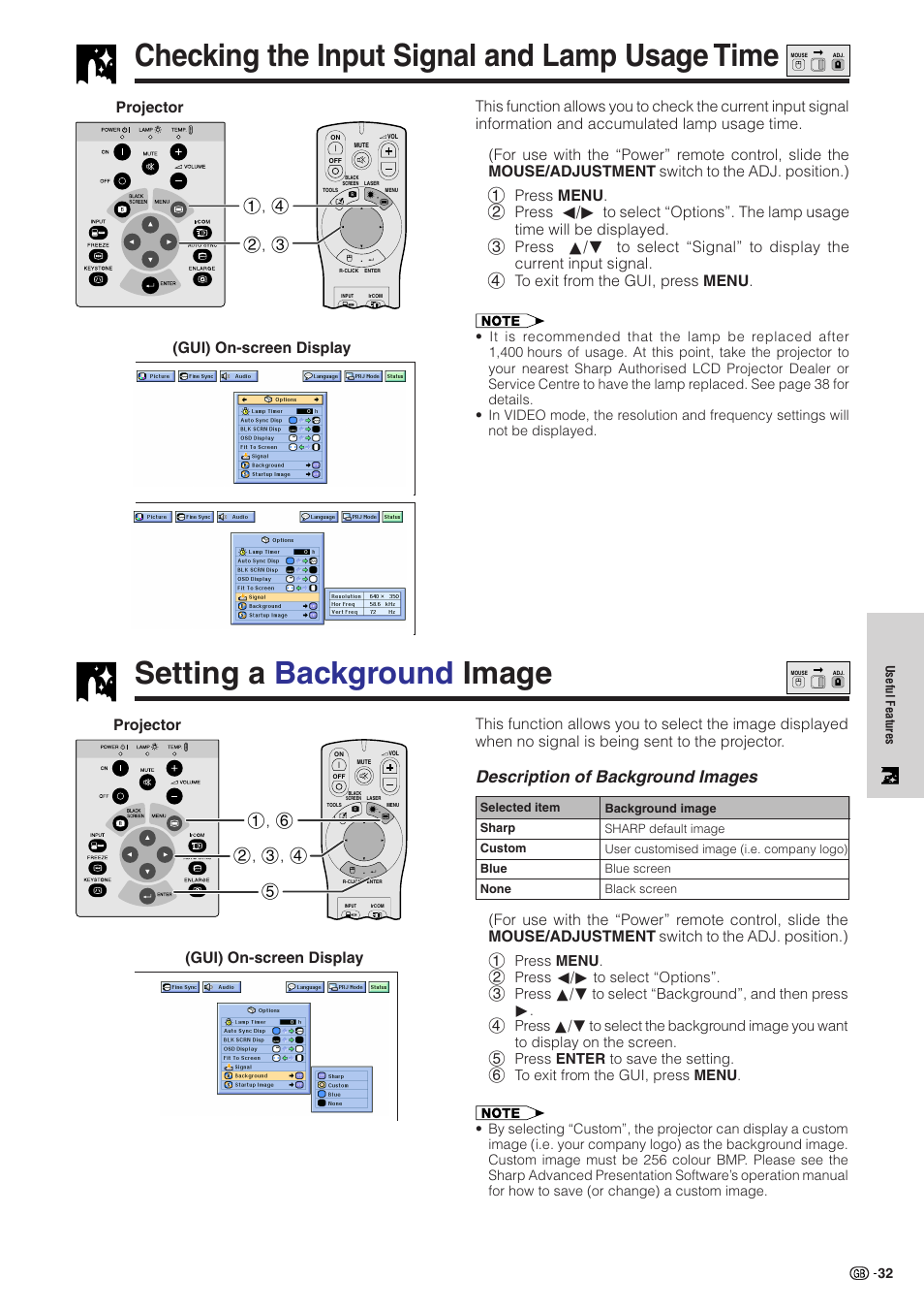 Checking the input signal and lamp usage time, Setting a background image, Checking the input signal and | Lamp usage time, Setting a background image …………………… 32, Description of background images, 2, 3 1, 4 projector, Gui) on-screen display | Sharp XG-NV51XE User Manual | Page 35 / 55