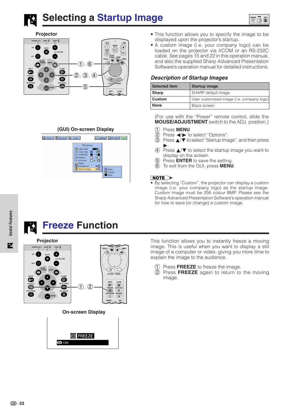 Selecting a startup image, Freeze function, Freeze function selecting a startup image | Description of startup images, 1, 2 on-screen display | Sharp XG-NV51XE User Manual | Page 36 / 55