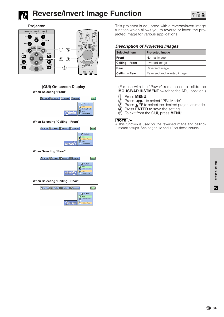 Reverse/invert image function, Reverse/invert image function ………………… 34, Description of projected images | Gui) on-screen display | Sharp XG-NV51XE User Manual | Page 37 / 55