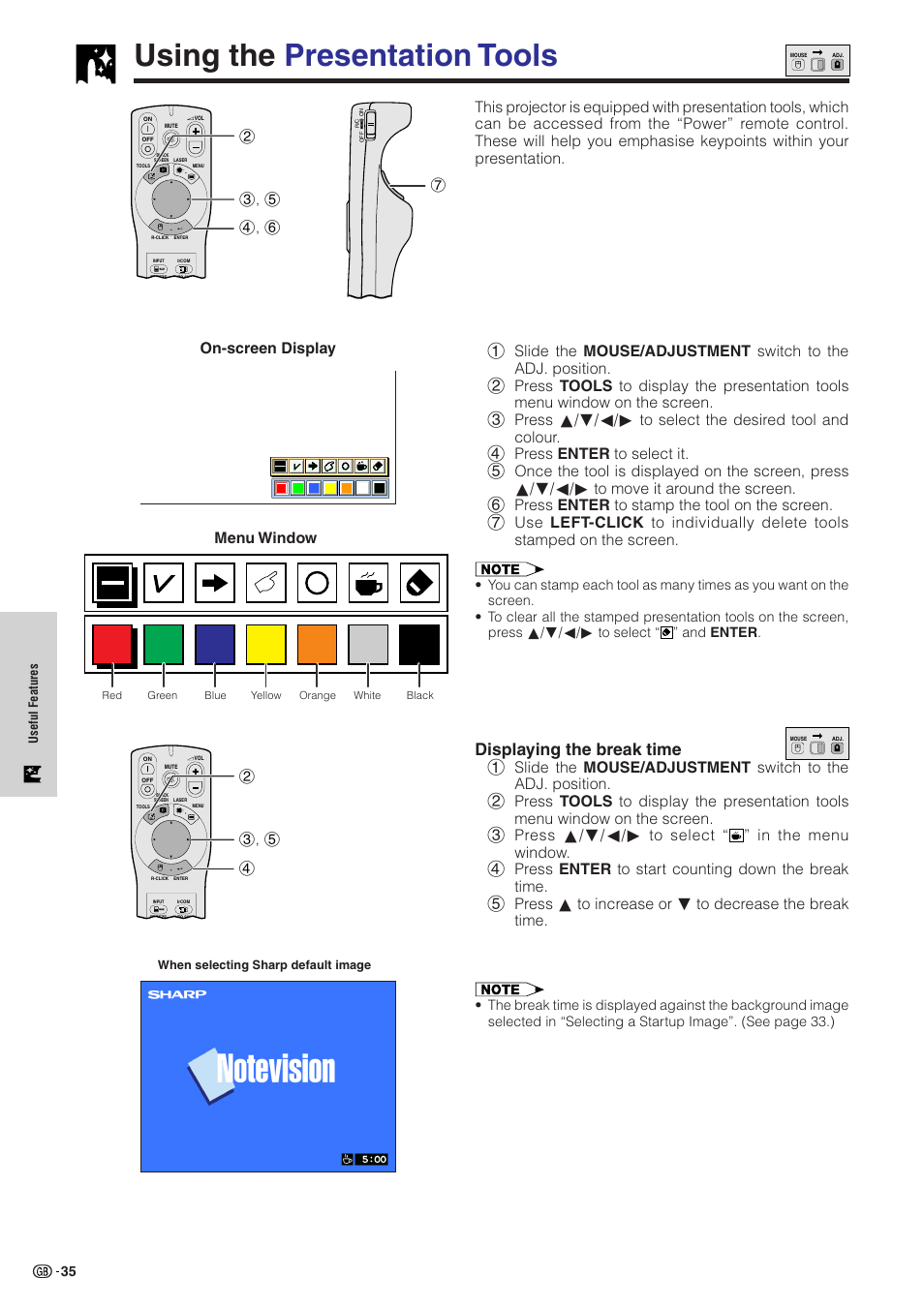 Using the presentation tools, Using the presentation tools …………………… 35, Displaying the break time | On-screen display, Menu window | Sharp XG-NV51XE User Manual | Page 38 / 55