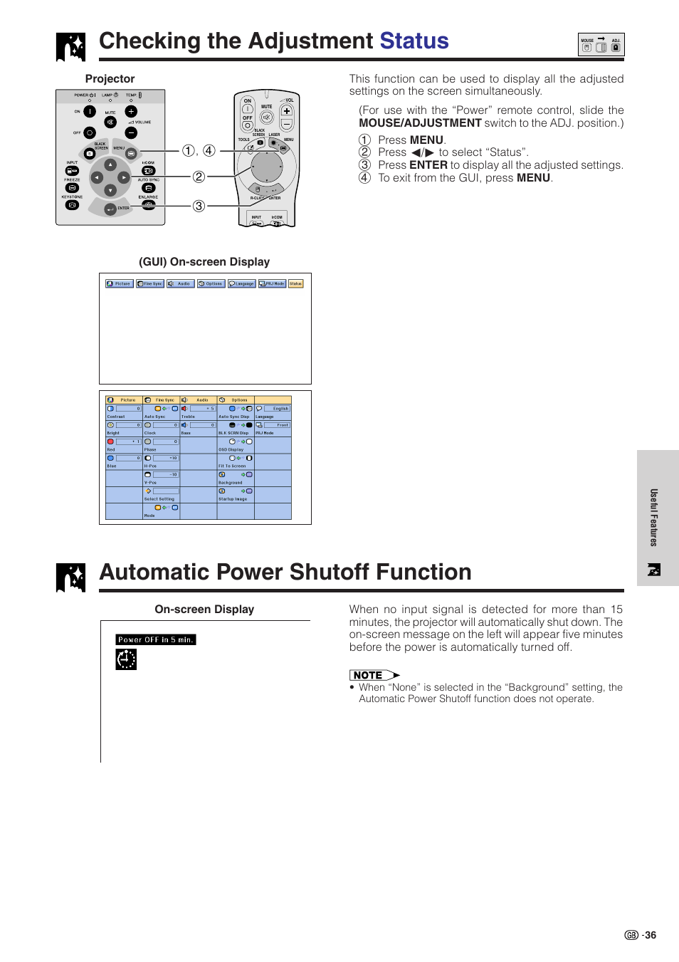 Checking the adjustment status, Automatic power shutoff function, Chec king the adjustment status | 32 1, 4 projector (gui) on-screen display, On-screen display | Sharp XG-NV51XE User Manual | Page 39 / 55