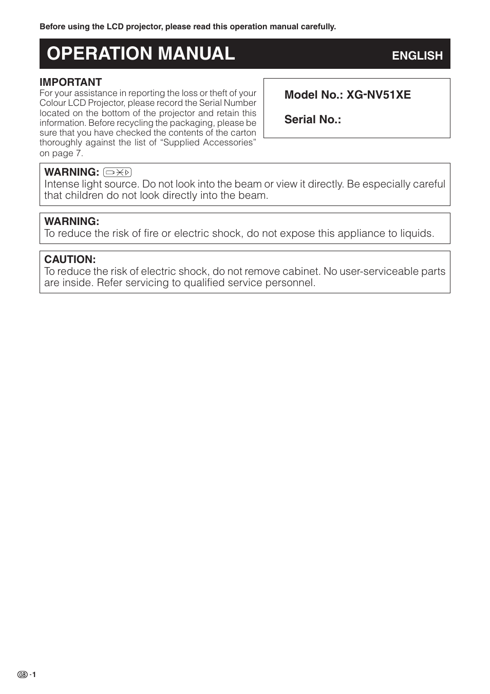 Important information, Operation manual | Sharp XG-NV51XE User Manual | Page 4 / 55