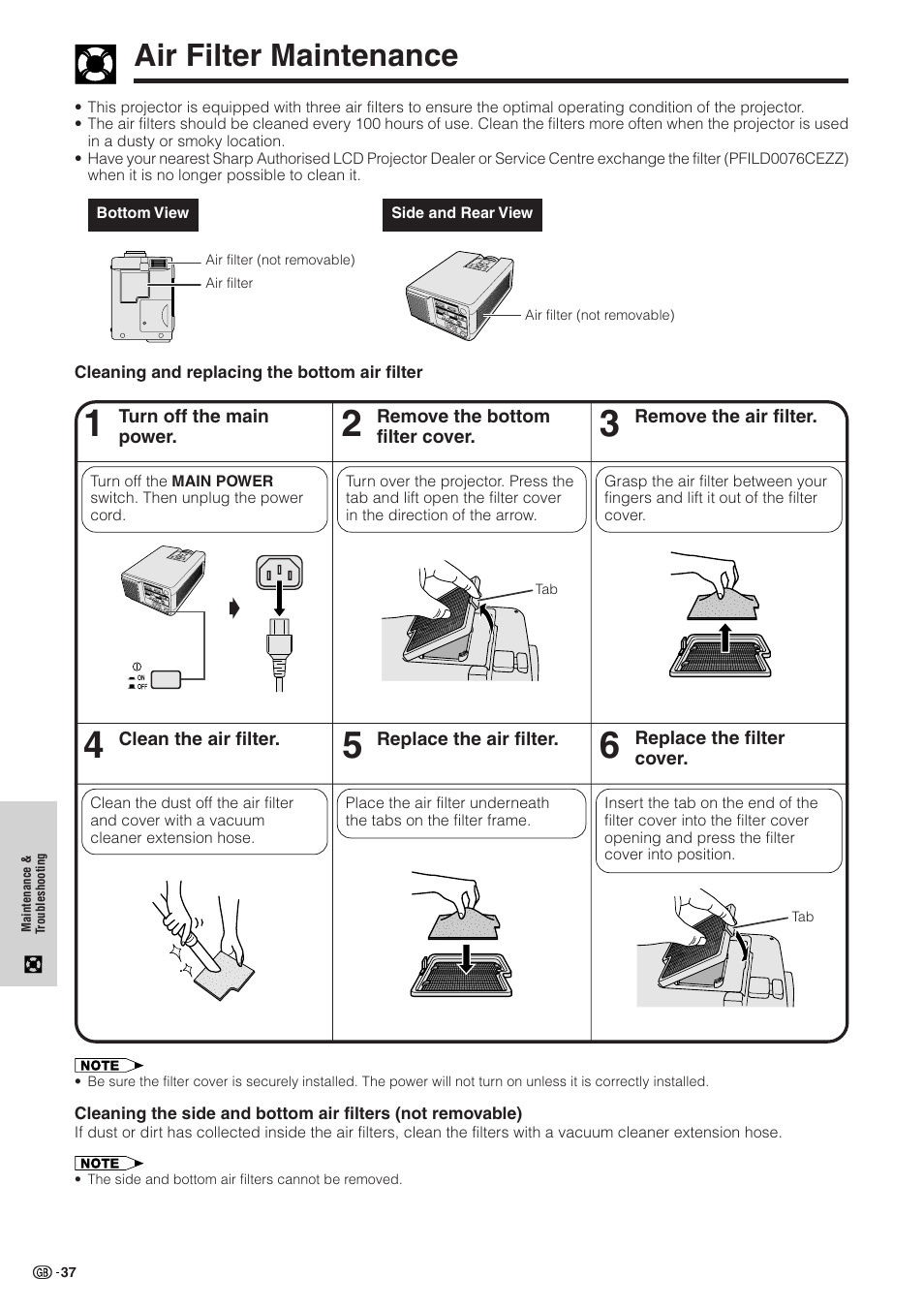 Maintenance & troubleshooting, Air filter maintenance, Air filter maintenance …………………………… 37 | Sharp XG-NV51XE User Manual | Page 40 / 55