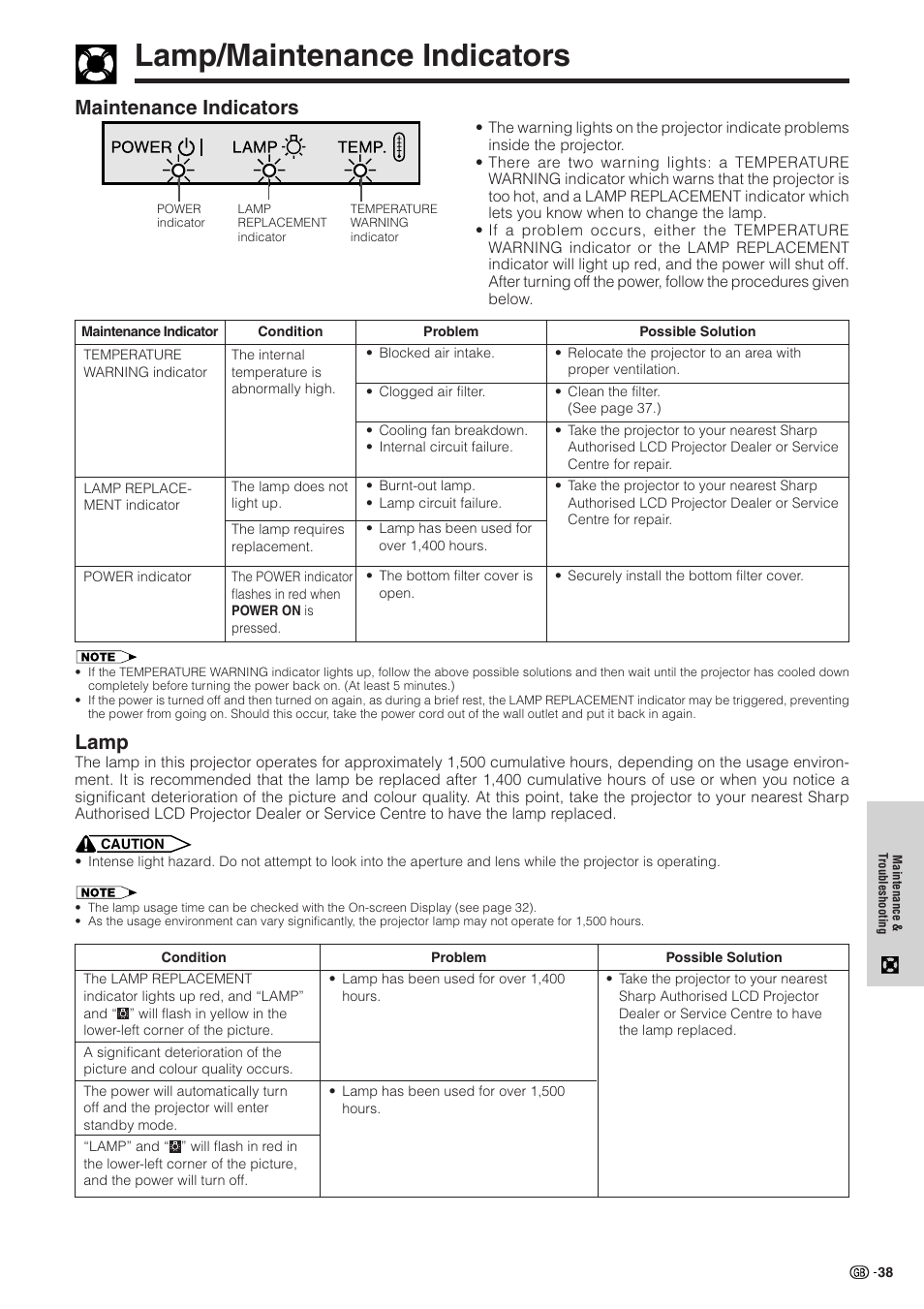 Lamp/maintenance indicators, Maintenance indicators, Lamp | Sharp XG-NV51XE User Manual | Page 41 / 55