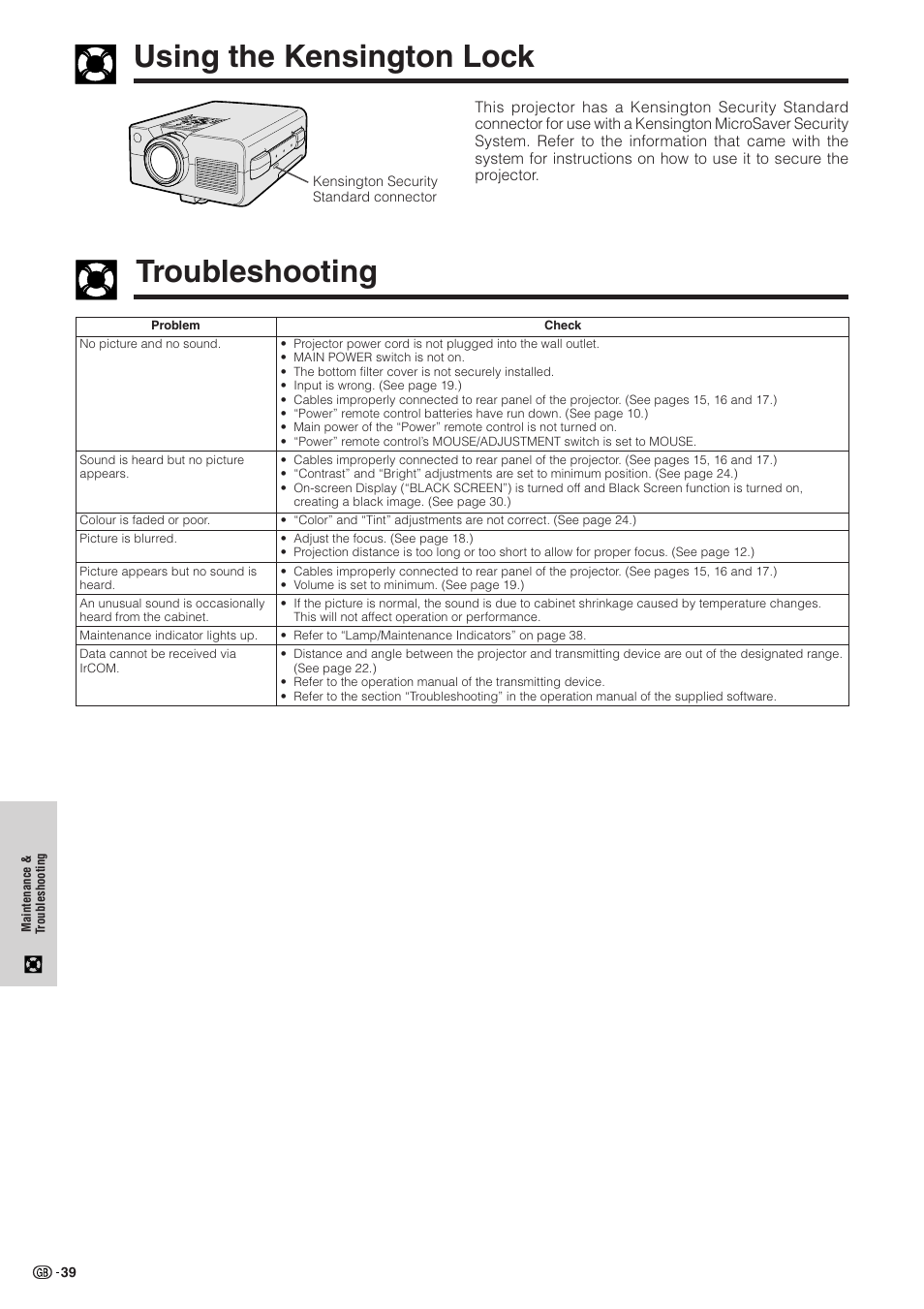 Using the kensington lock, Troubleshooting, Troubleshooting …………………………………… 39 | Sharp XG-NV51XE User Manual | Page 42 / 55