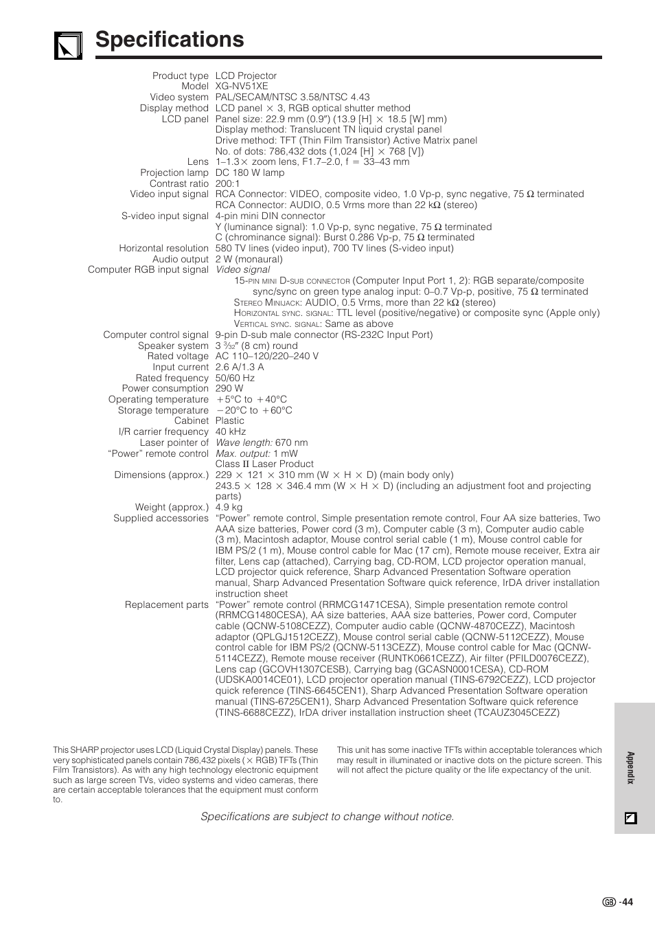 Specifications, Specifications ……………………………………… 44 | Sharp XG-NV51XE User Manual | Page 47 / 55