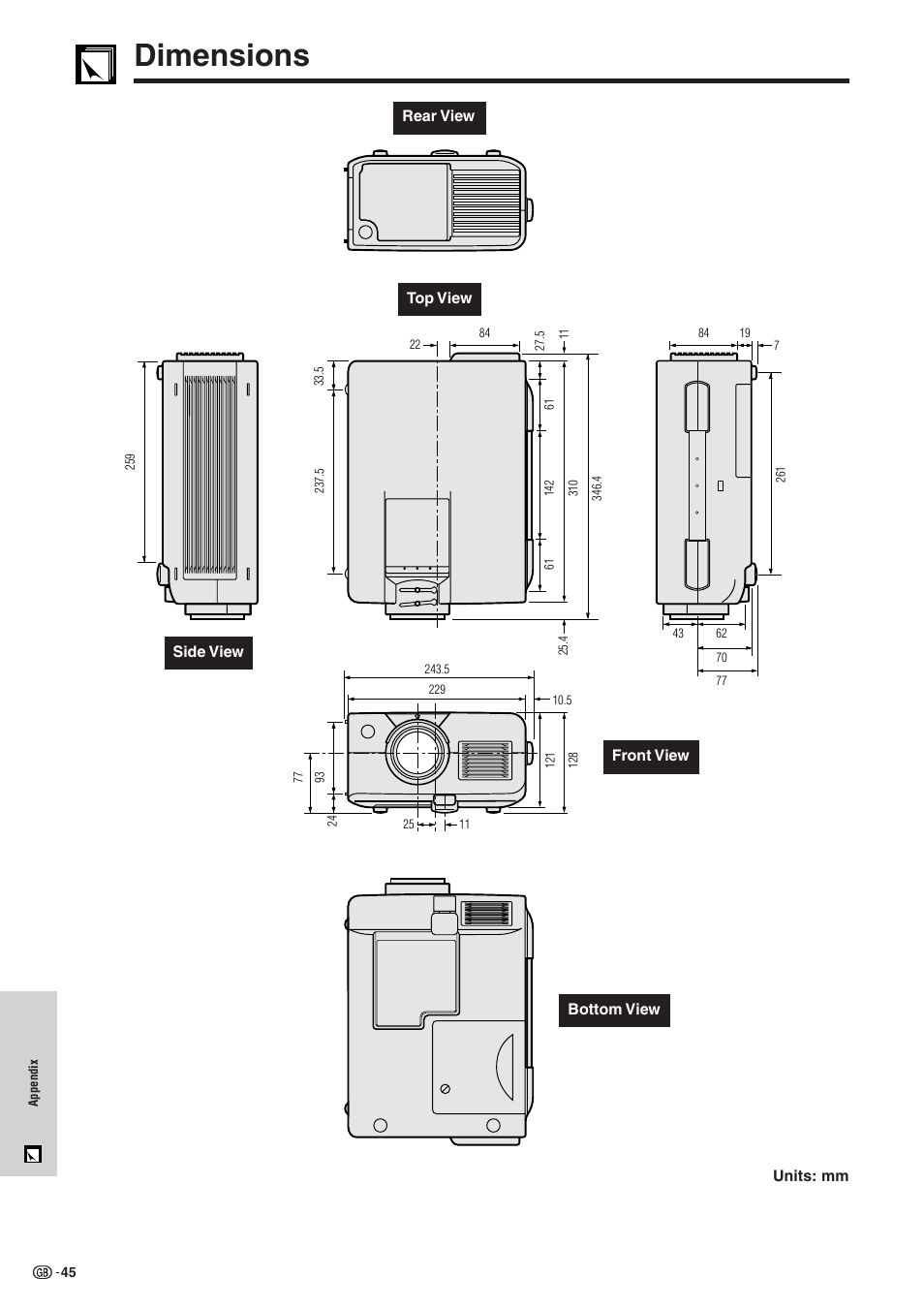 Dimensions, Dimensions ………………………………………… 45 | Sharp XG-NV51XE User Manual | Page 48 / 55