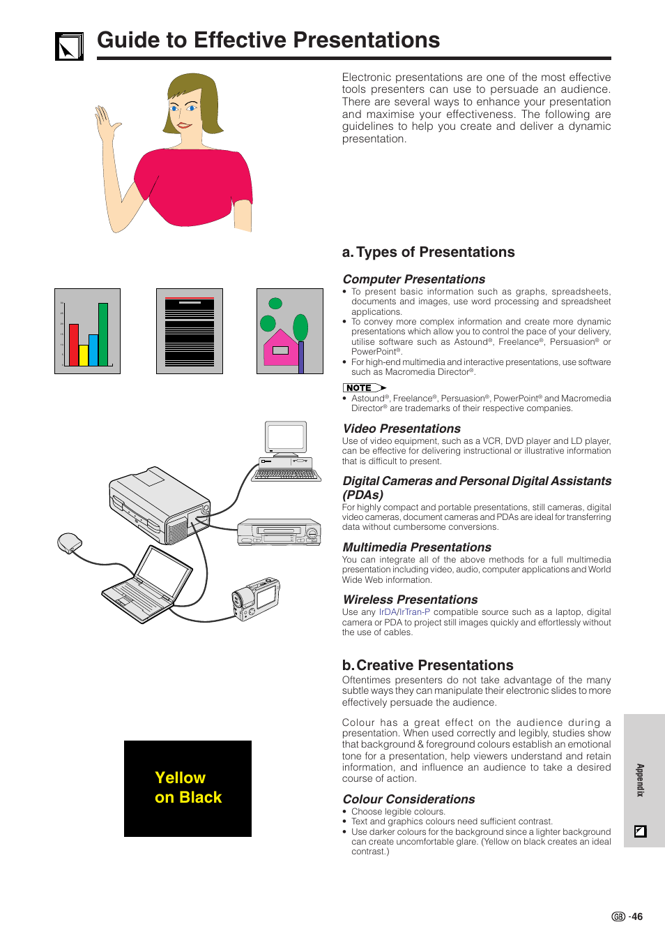 Guide to effective presentations, Guide to effective presentations ……………… 46, Yellow on black | A. types of presentations, B.creative presentations, Computer presentations, Video presentations, Multimedia presentations, Wireless presentations, Colour considerations | Sharp XG-NV51XE User Manual | Page 49 / 55