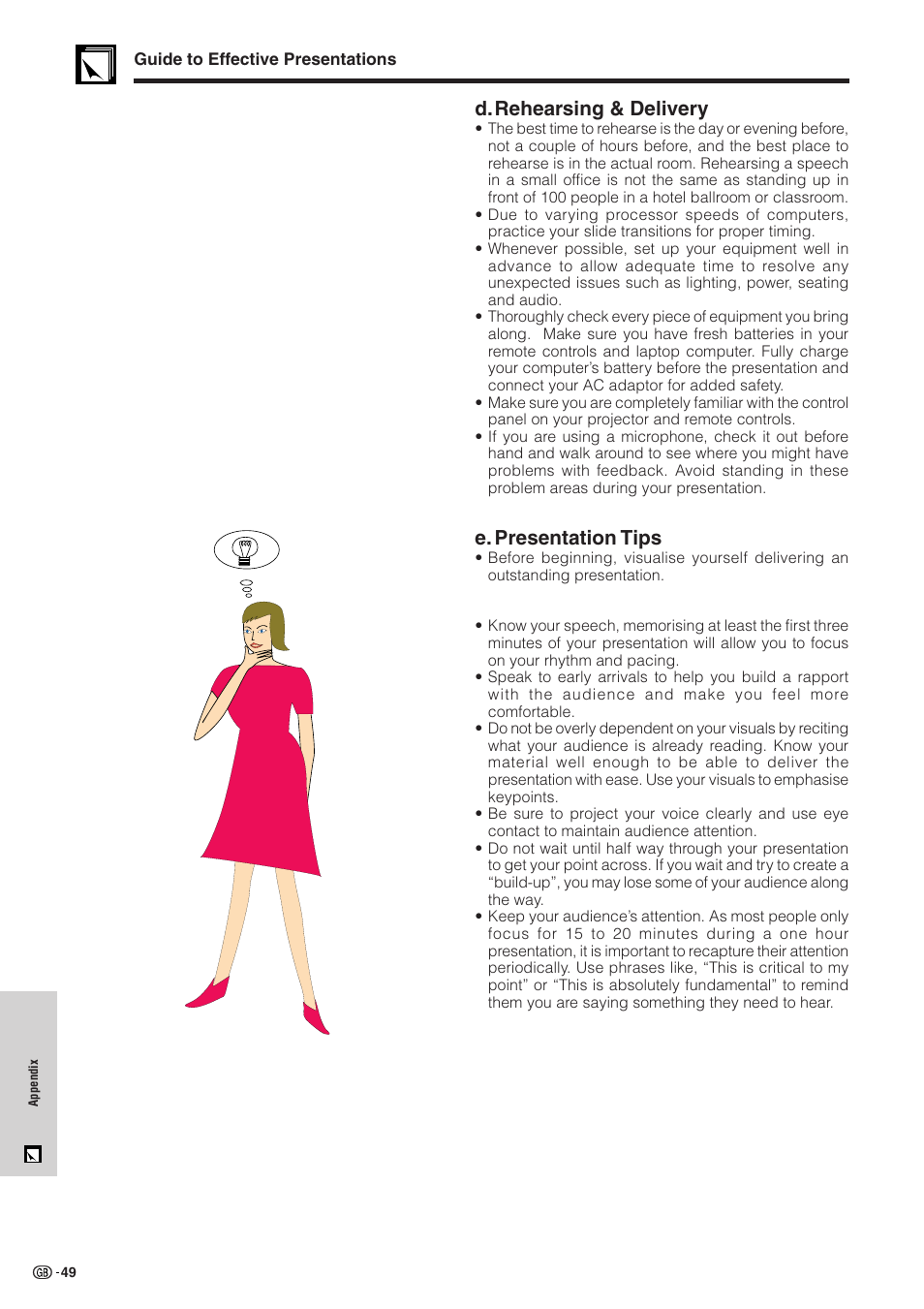 D.rehearsing & delivery, E. presentation tips | Sharp XG-NV51XE User Manual | Page 52 / 55