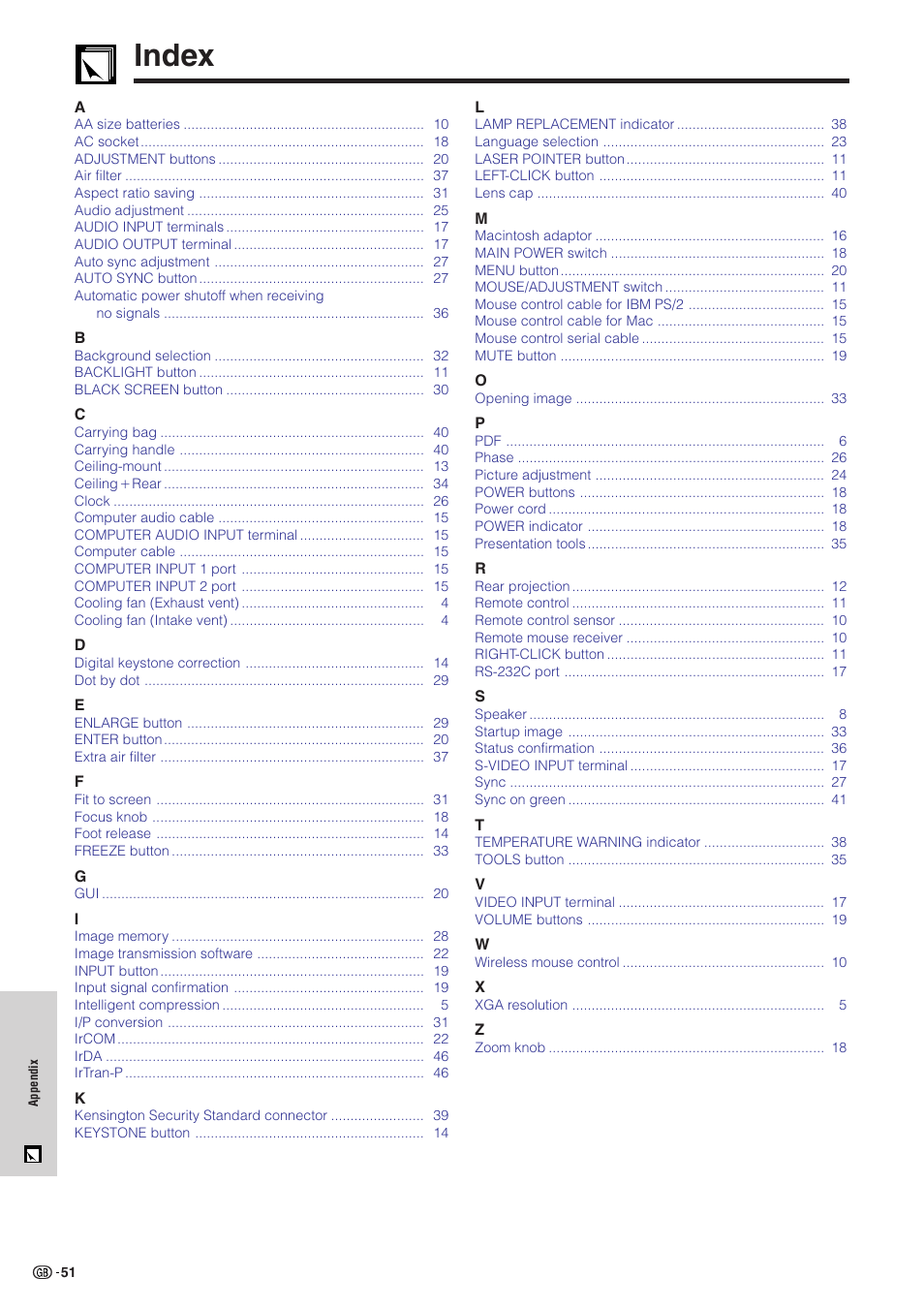 Index, Index ………………………………………………… 51 | Sharp XG-NV51XE User Manual | Page 54 / 55