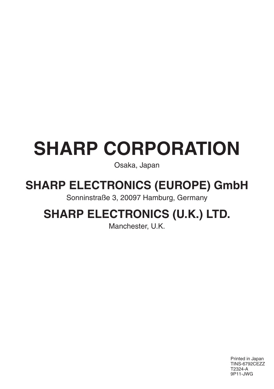 Sharp corporation, Sharp electronics (europe) gmbh, Sharp electronics (u.k.) ltd | Sharp XG-NV51XE User Manual | Page 55 / 55