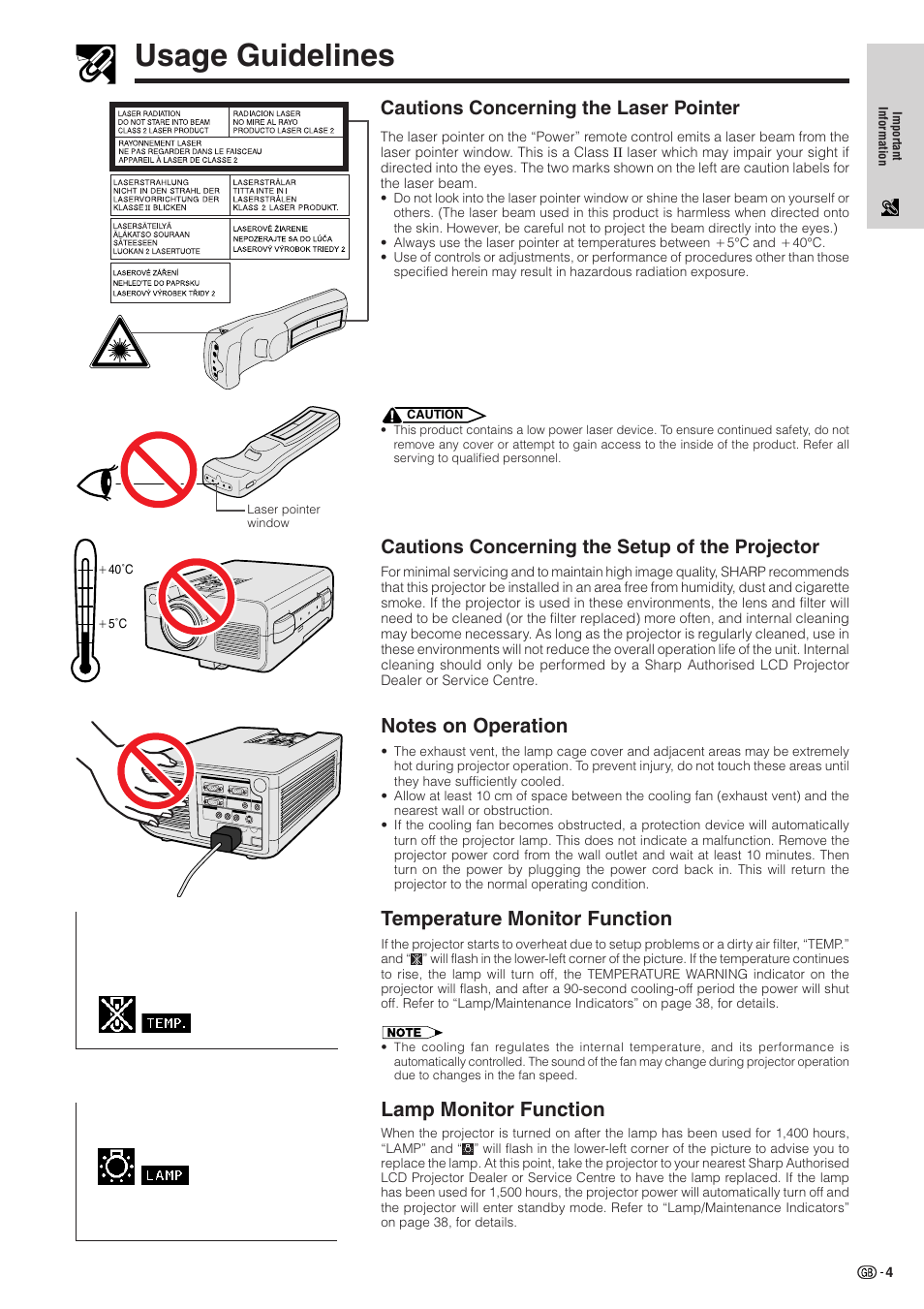 Usage guidelines, Cautions concerning the setup of the projector, Cautions concerning the laser pointer | Lamp monitor function | Sharp XG-NV51XE User Manual | Page 7 / 55