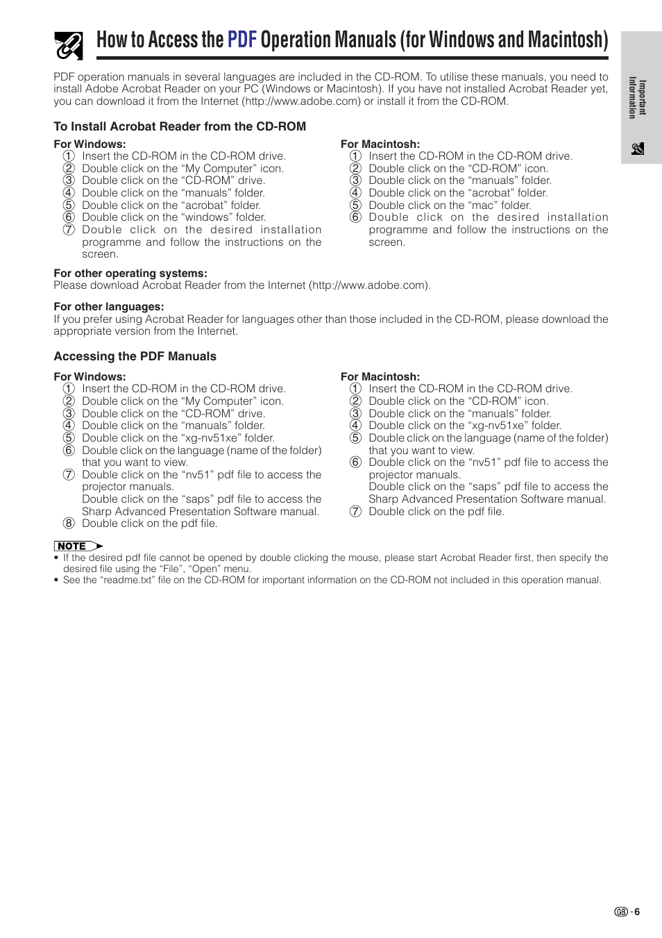 How to access the pdf operation manuals, For windows and macintosh) | Sharp XG-NV51XE User Manual | Page 9 / 55