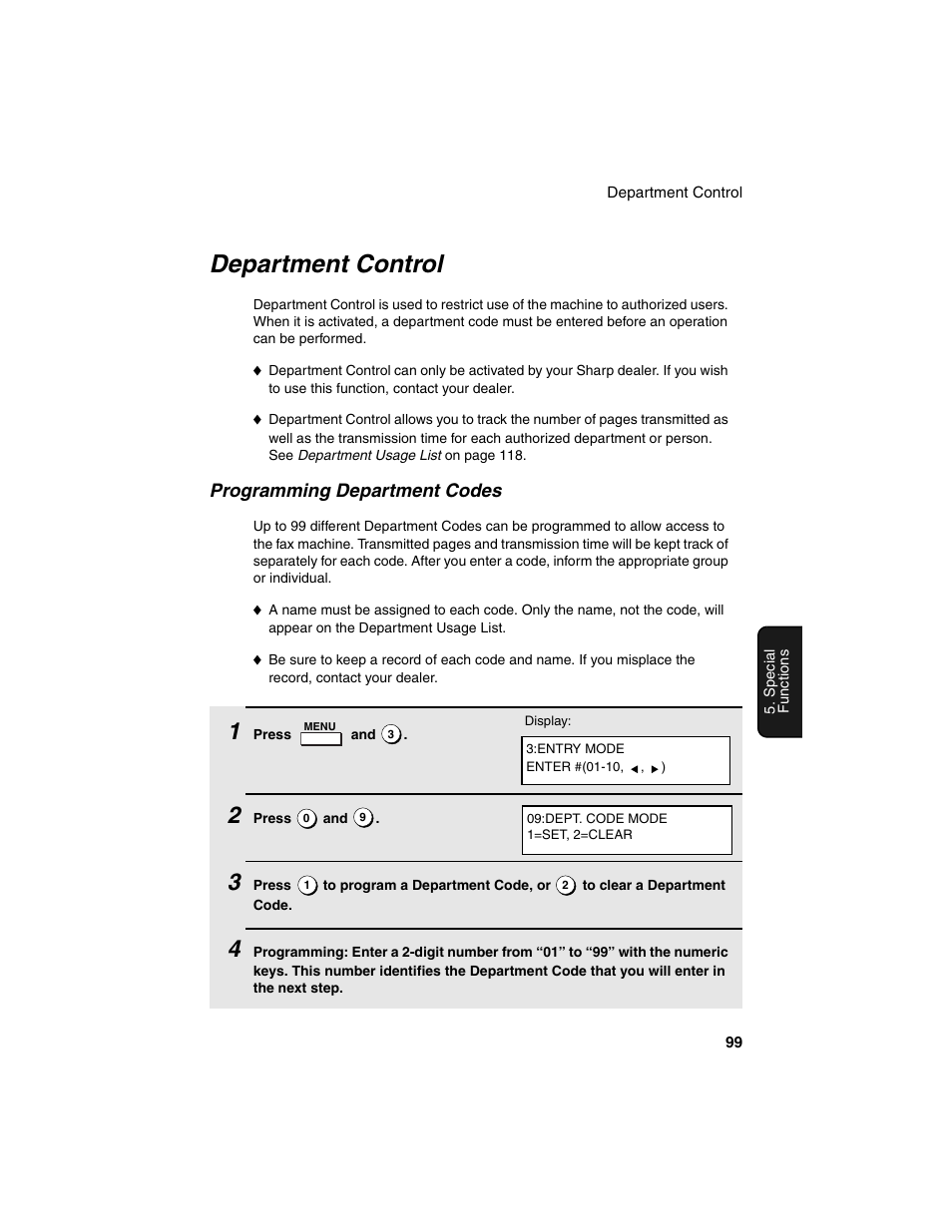 Department control, Programming department codes | Sharp FO-4450 User Manual | Page 101 / 144