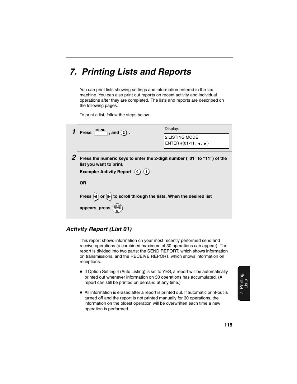 Printing lists and reports, Activity report (list 01) | Sharp FO-4450 User Manual | Page 117 / 144