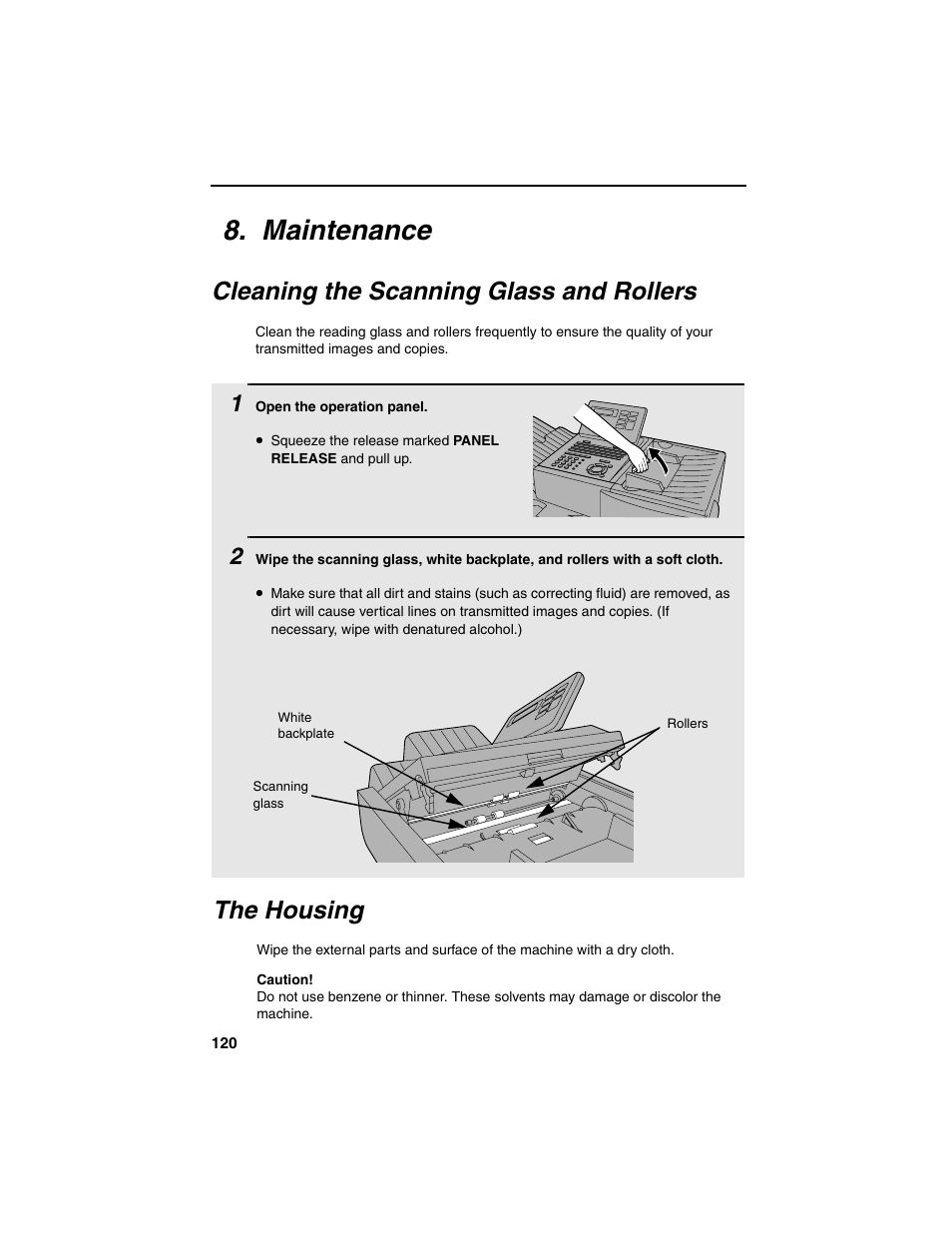 Maintenance, Cleaning the scanning glass and rollers, The housing | Sharp FO-4450 User Manual | Page 122 / 144