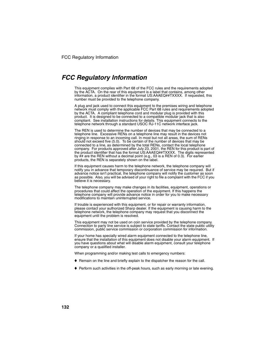 Fcc regulatory information | Sharp FO-4450 User Manual | Page 134 / 144