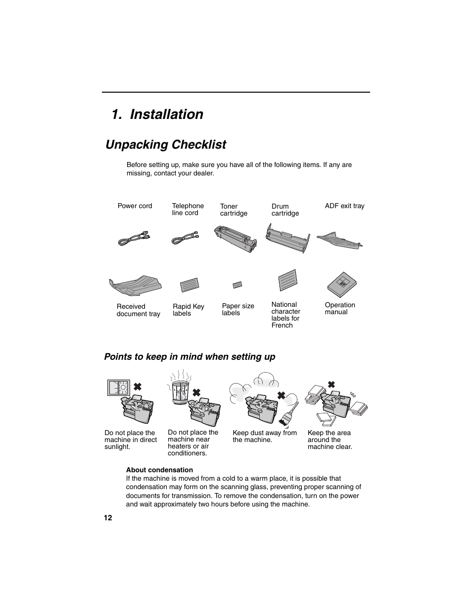 Installation, Unpacking checklist | Sharp FO-4450 User Manual | Page 14 / 144