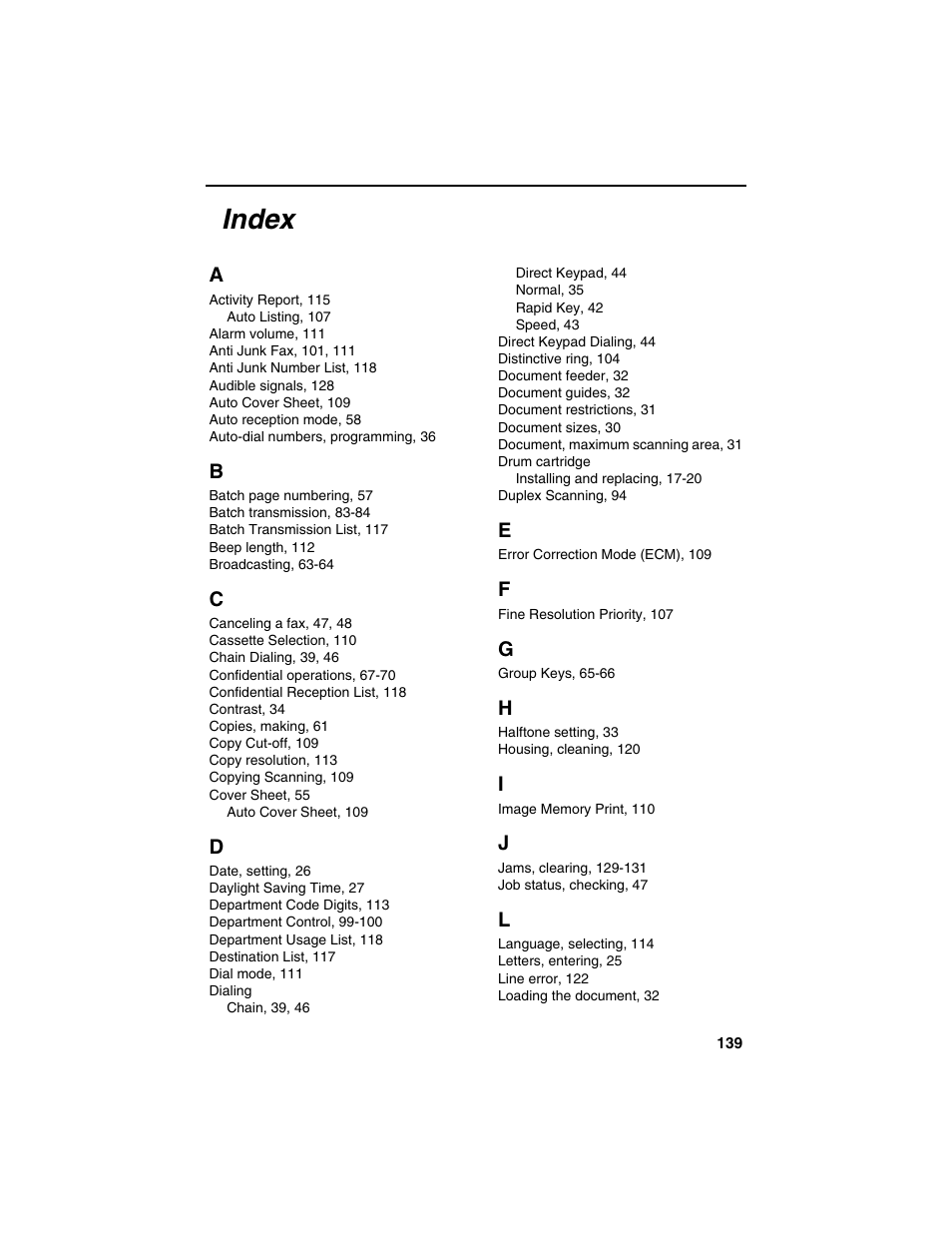 Index | Sharp FO-4450 User Manual | Page 141 / 144