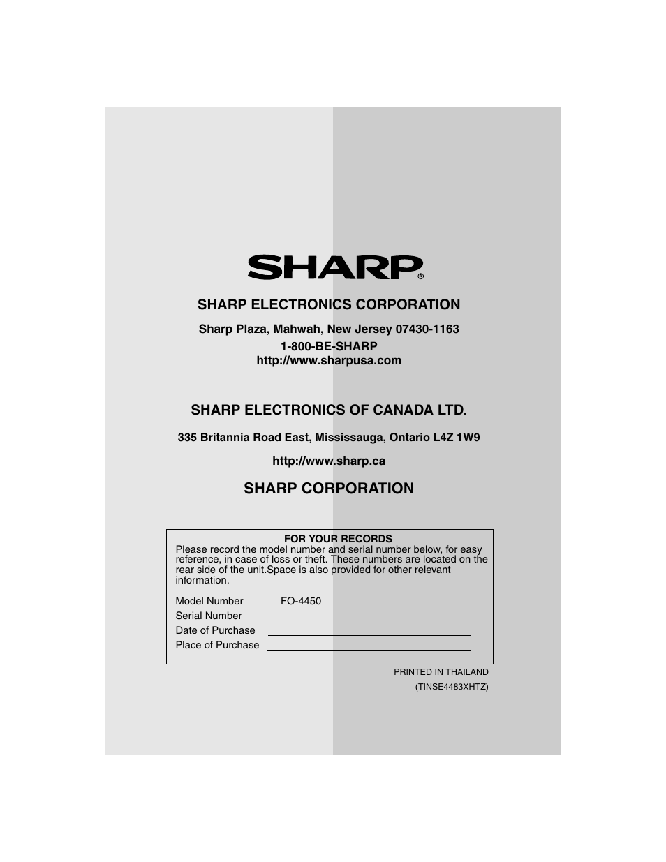 Sharp corporation, Sharp electronics corporation, Sharp electronics of canada ltd | Sharp FO-4450 User Manual | Page 144 / 144