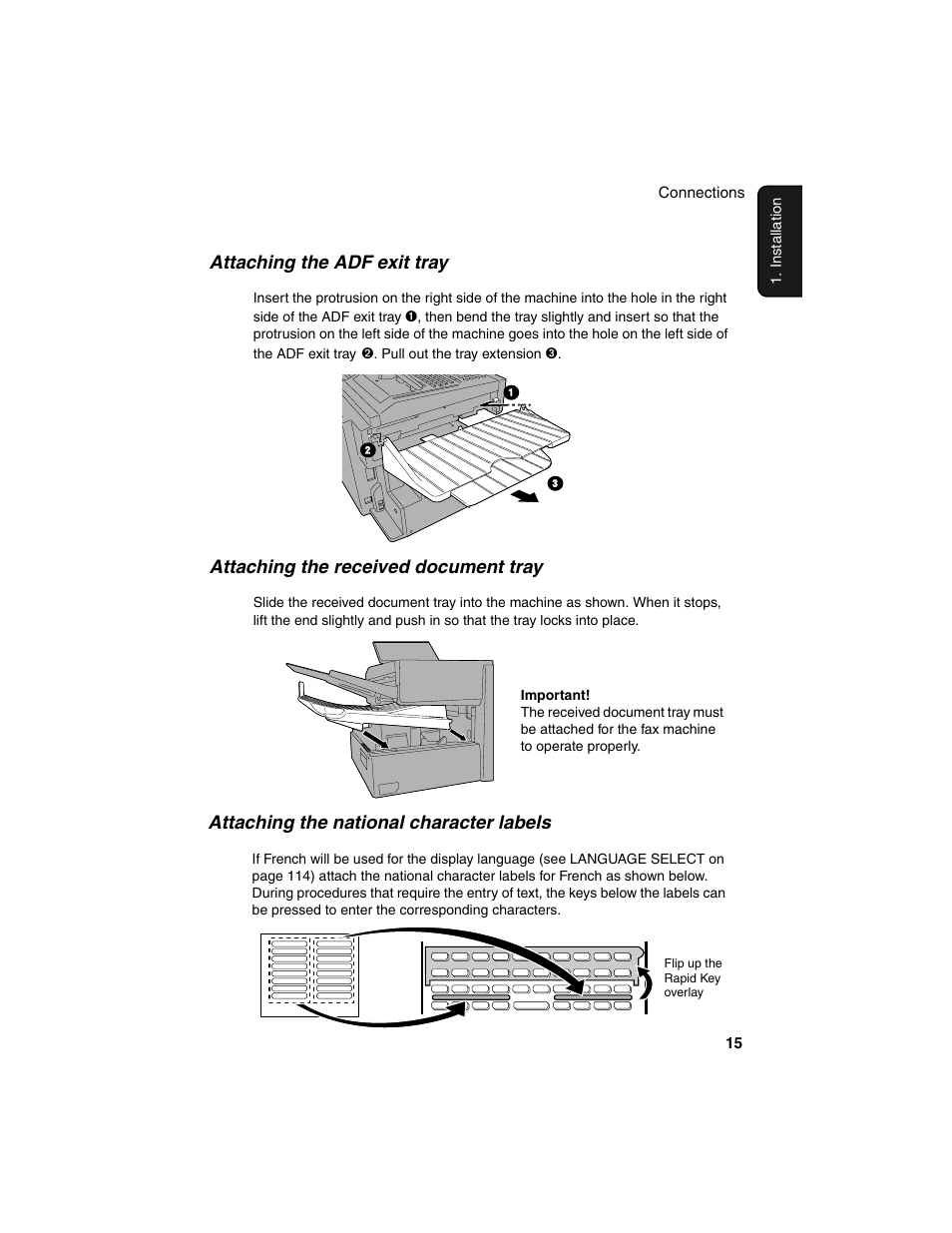 Attaching the adf exit tray, Attaching the received document tray, Attaching the national character labels | Sharp FO-4450 User Manual | Page 17 / 144