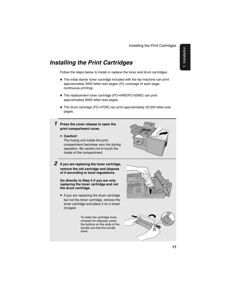 Installing the print cartridges | Sharp FO-4450 User Manual | Page 19 / 144