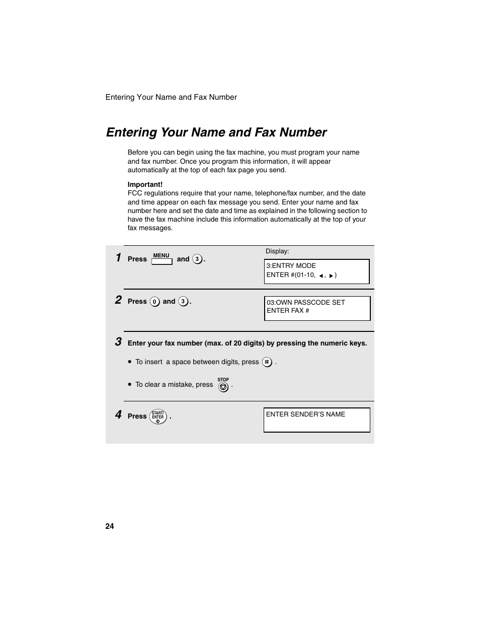 Entering your name and fax number | Sharp FO-4450 User Manual | Page 26 / 144