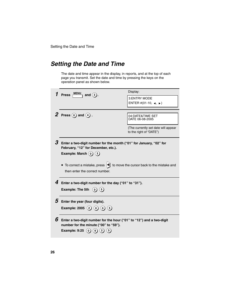 Setting the date and time | Sharp FO-4450 User Manual | Page 28 / 144