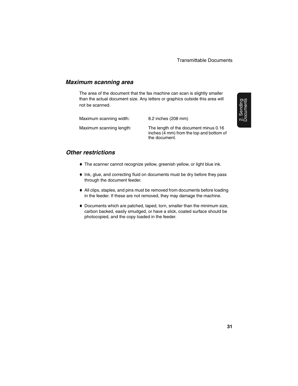 Maximum scanning area, Other restrictions | Sharp FO-4450 User Manual | Page 33 / 144