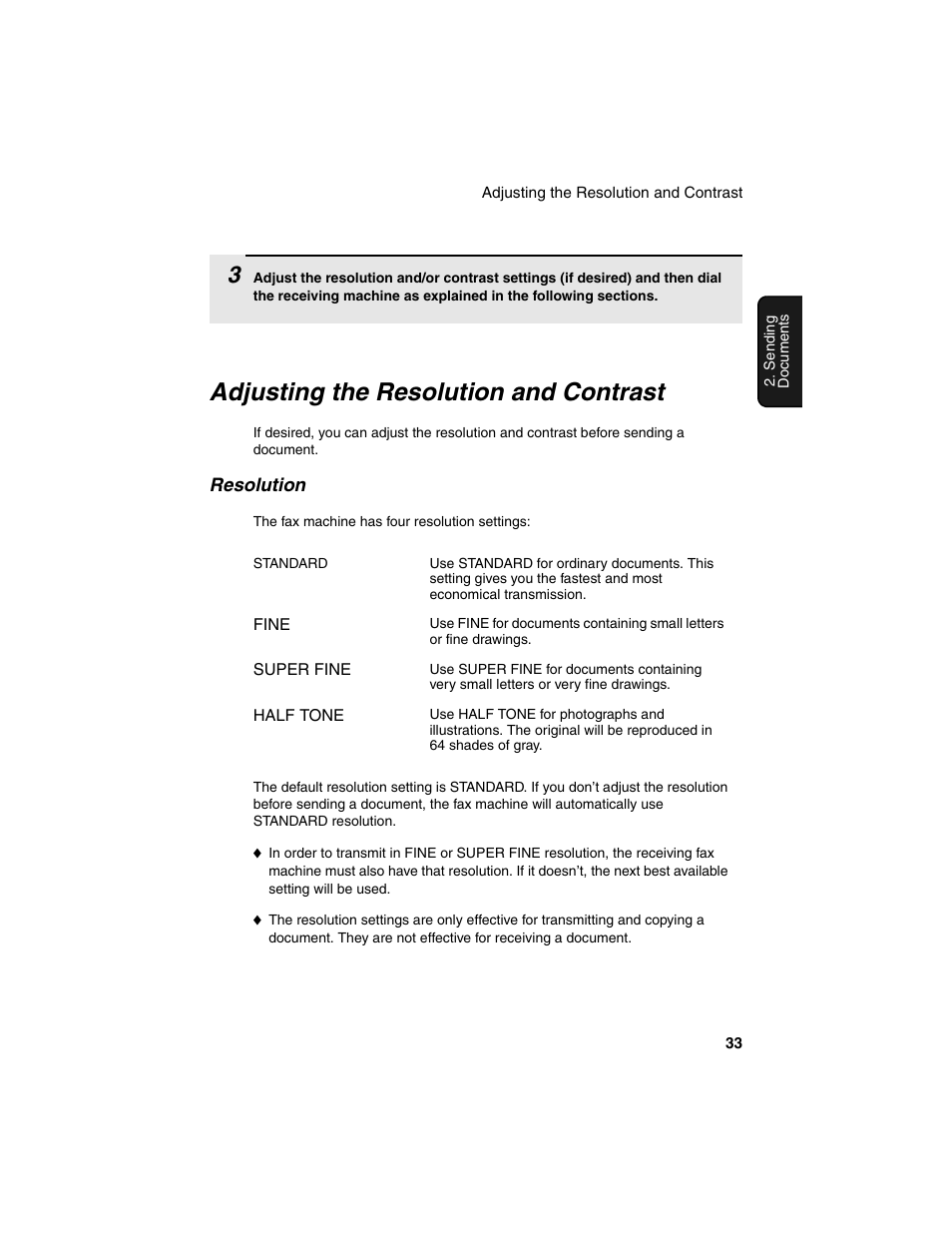 Adjusting the resolution and contrast | Sharp FO-4450 User Manual | Page 35 / 144