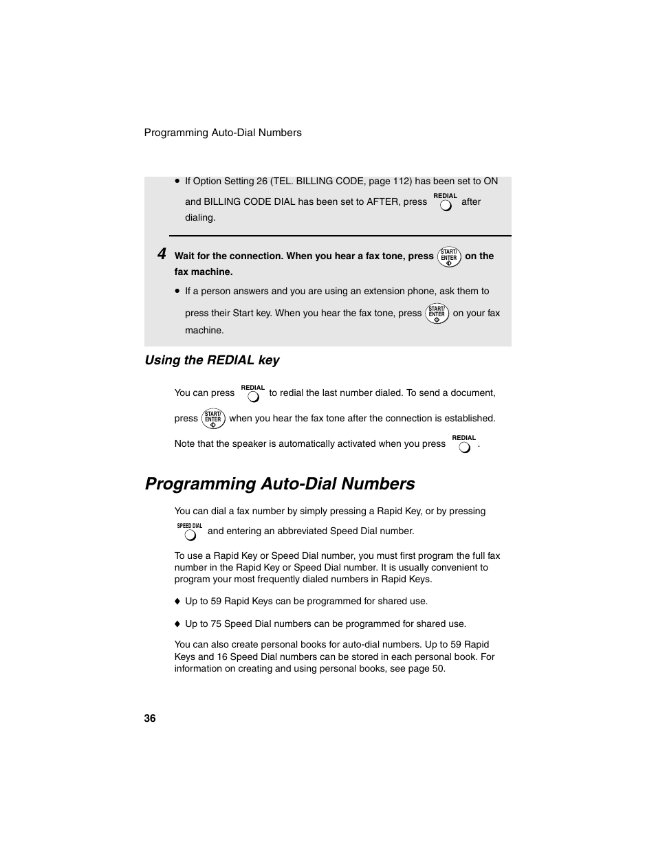 Programming auto-dial numbers, Using the redial key | Sharp FO-4450 User Manual | Page 38 / 144