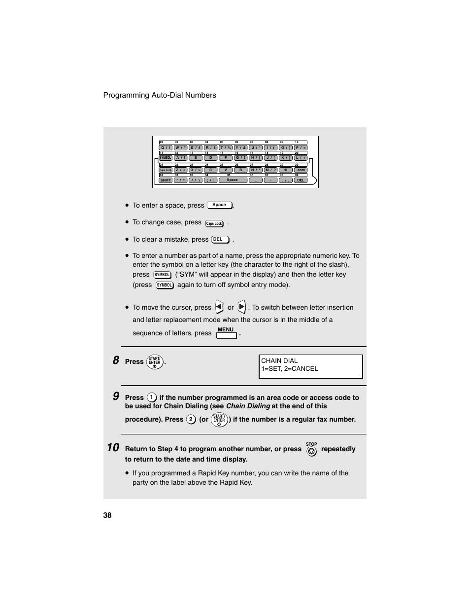 Programming auto-dial numbers 38, Press, Chain dial 1=set, 2=cancel | Sharp FO-4450 User Manual | Page 40 / 144