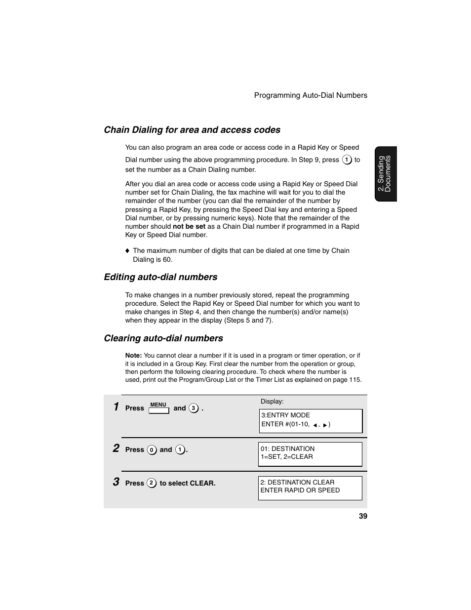 Chain dialing for area and access codes, Editing auto-dial numbers, Clearing auto-dial numbers | Sharp FO-4450 User Manual | Page 41 / 144