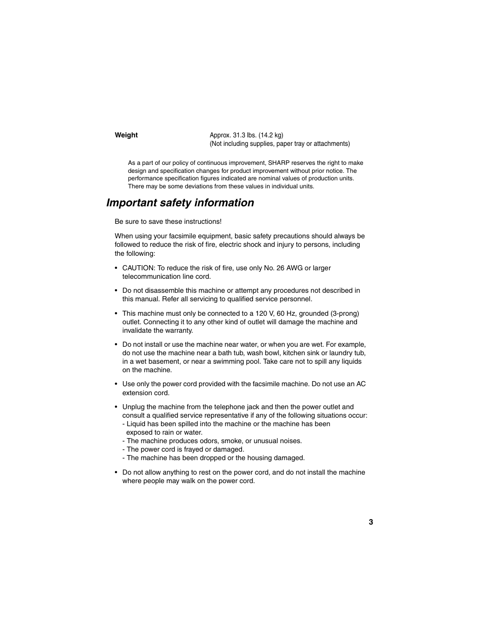 Important safety information | Sharp FO-4450 User Manual | Page 5 / 144