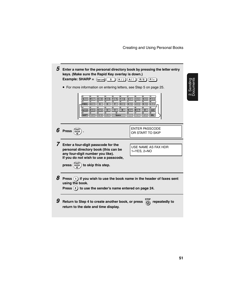 Creating and using personal books 51, Sending documents, Press | Sharp FO-4450 User Manual | Page 53 / 144